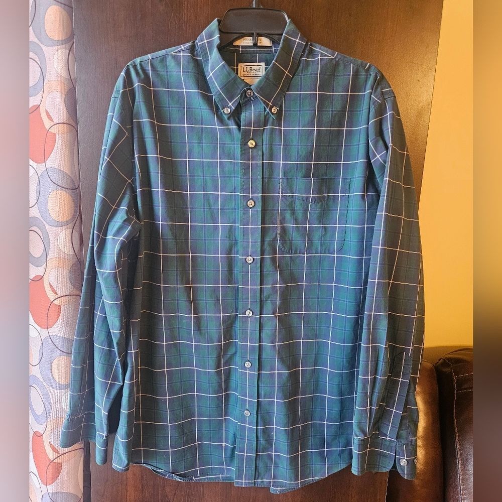 Men's L.L. Bean Dark Green Plaid Wrinkle Resistant Plaid Shirt Size Large